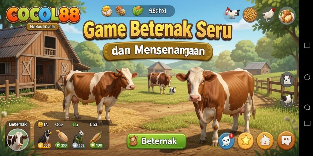 Screenshot utama COCOL88 menampilkan peternakan virtual yang penuh warna.