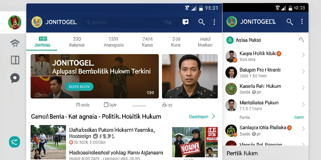 Antarmuka aplikasi JONITOGEL menampilkan berita politik hukum terbaru.